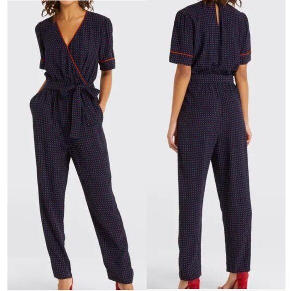 Draper James Navy Red Floral Print Short Sleeve Surplice V Neck Jumpsuit size M - Picture 11 of 12